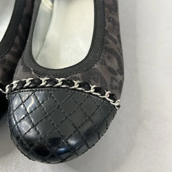Stuart Weitzman Fannie Quilted Girls Leopard Ballet Flats Chain